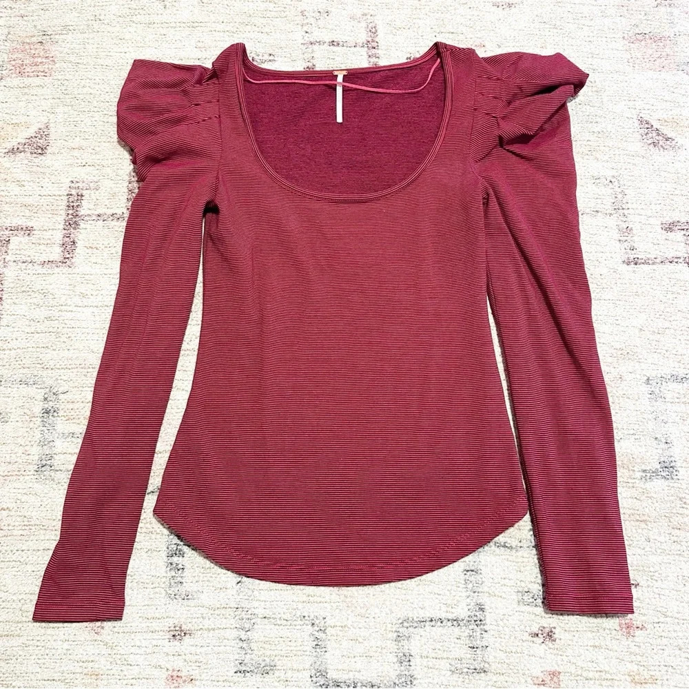 Free People Penelope Red Stripe Puff Sleeve Stretch Knit Top Size Small - Picture 6 of 10